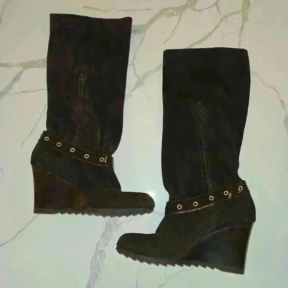 Michael Kors Womens Wedge Suede Slouch Tall Chocolate Boots Size 9 - Picture 2 of 8